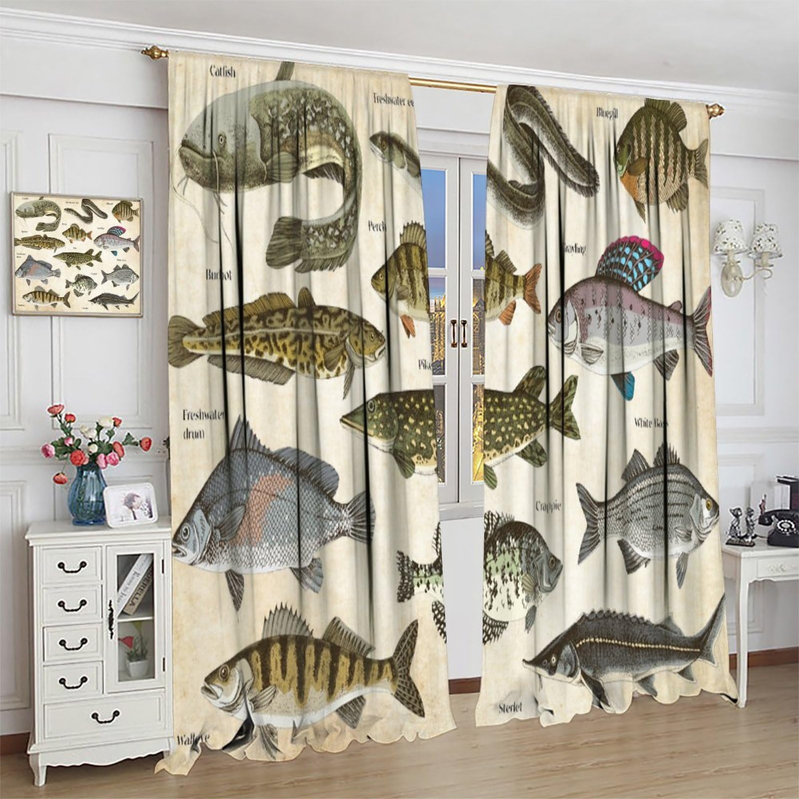 Amazon｜釣り 遮光カーテン レトロ 魚 図面 断熱 ドレープ 遮光